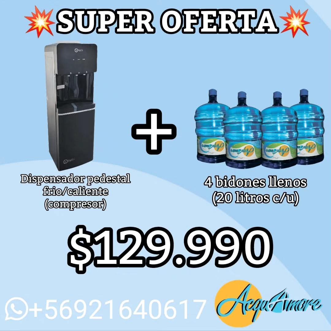 DISPENSADOR DE COMPRESOR PEDESTAL MATTE + 4 BOTELLONES LLENOS